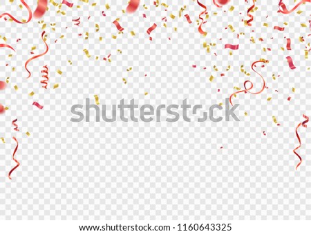 Red and gold confetti, serpentine or ribbons falling on white transparent background vector illustration. Party, festival, Royalty-Free Stock Photo #1160643325
