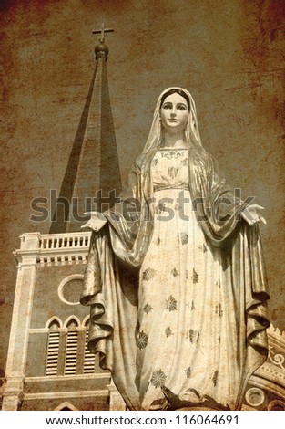 Old vintage photo of virgin mary statue at catholic church