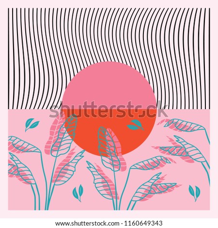Contemporary art with palm leaf. Colorful scarf design on pink