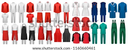 Mega set of overalls with worker and shefcooks and medical clothes. Design template. Vector illustration.  Royalty-Free Stock Photo #1160660461