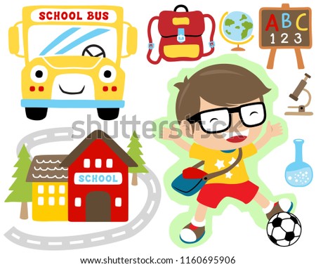 Vector set of school elements cartoon with happy student playing soccer
