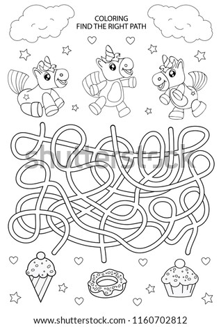 Children maze and coloring. Kids labyrinth game and activity page. Find the right path for unicorns. Funny riddle. Education developing worksheet. Vector illustration.