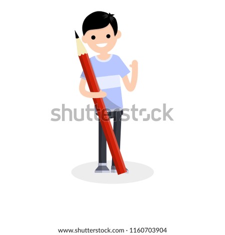 Cute male character stands with a big red pencil. Aspiring graphic artist. Notes and corrections. Writing stationery.
