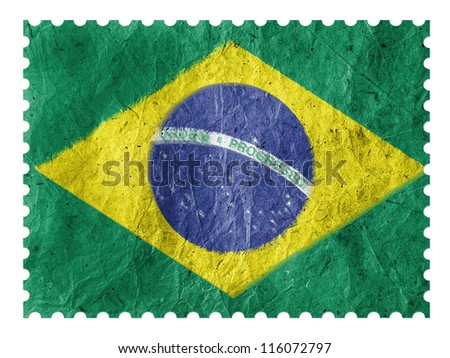 The Brazilian flag painted on  paper postage  stamp
