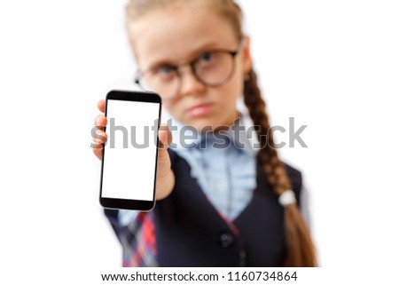 School girl showing a smart phone screen mockup isolated on white background