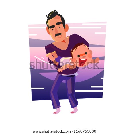 Father and his son playing together as plane  - vector illustration