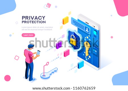 Infographic, banner with hero protect data and confidentiality. Safety and confidential data protection, concept with character saving code and check access. Flat isometric vector illustration. Royalty-Free Stock Photo #1160762659