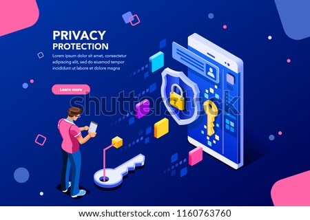 Infographic, banner with hero protect data and confidentiality. Safety and confidential data protection, concept with character saving code and check access. Flat isometric vector illustration. Royalty-Free Stock Photo #1160763760