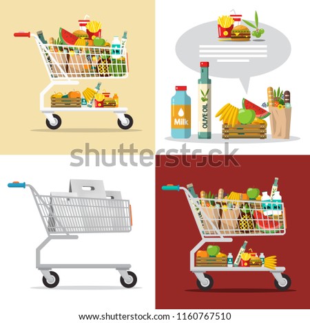 Food and Drinks in Shopping Cart. Vector Shopping Center Goods Illustration.