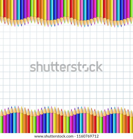 Back to school framework bordering template concept, with empty copy space for text. wavy border frame made of multi colored wooden pencils in row on white checkered notebook sheet background.