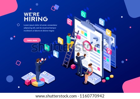 Job presentation fair banner page, choose career or interview a candidate. Job agency human resources creative find experience. Work concept with character and text. Flat isometric vector illustration Royalty-Free Stock Photo #1160770942