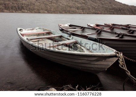 Rowing boats tied up on Tunstall Reservoir, County Durham