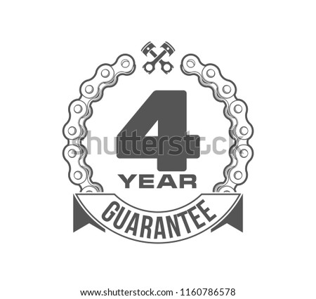 Vector illustration Four Years Warranty icon background with ribbon and moto chain isolated on white. Poster, label, badge or brochure template. Banner with Logo 4 years guarantee Label obligations