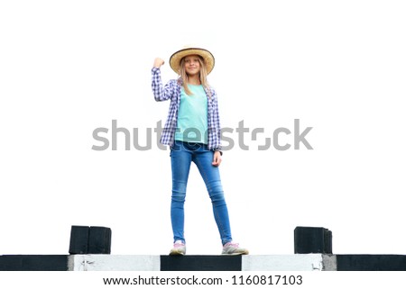 rural girl blonde in shirt and jeans on a white background
