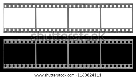 long film strip, blank photo frames, free space for your pictures, real high-res 35mm film strip scan with signs of usage on white and black background