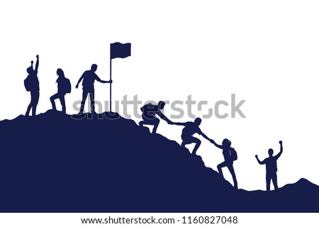 Silhouette group of people helping each other hike up  a mountain on white background. Business, success, leadership, achievement and goal concept. Vector illustration. Royalty-Free Stock Photo #1160827048