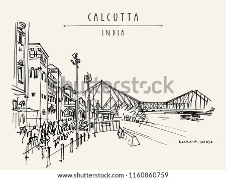 Kolkata (Calcutta), India. The British-era Howrah Junction Railway Station and Howrah Bridge across Hooghly River. Heritage architecture. Famous historical landmarks. Vector hand drawn travel postcard Royalty-Free Stock Photo #1160860759