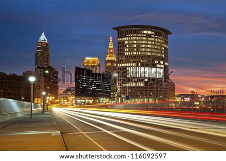 Cleveland. Image of Cleveland downtown at beautiful colorful sunrise.