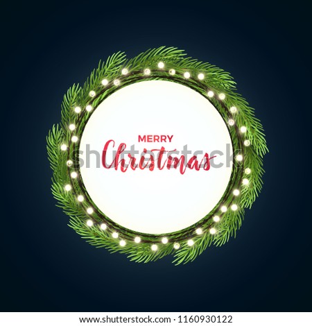 Round Christmas design with light bulb garland and green fir tree wreath on dark backround. Vector illustration. Template for banner, card or flyer.