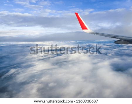 Morning sunrise with Wing of an airplane. Photo applied to tourism operators. picture for add text message or frame website. Traveling concept