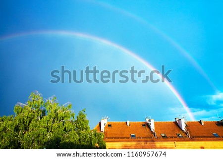 Double rainbow over the rooftop in Brno (Slatina - Vlnita, Vyskovska street), Czech Republic. HD wallpaper, 4k  background. Illustrative editorial content. Color theme.