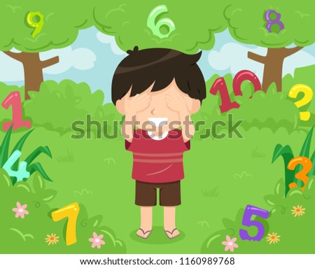 Illustration of a Kid Boy Covering His Eyes Playing Hide and Seek with Numbers