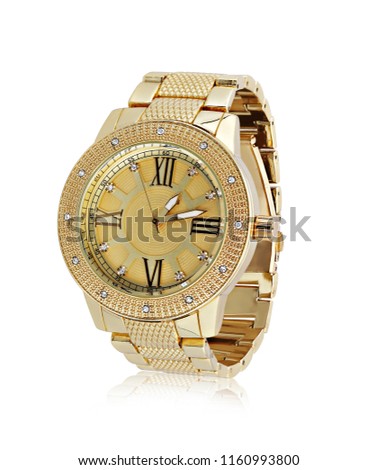 Luxury Classic Men Golden Wrist  Watch with durable golden chain and dial decorated with expensive diamonds to make it unique and designer.   Royalty-Free Stock Photo #1160993800