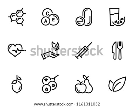 Set of black vector icons, isolated against white background. Illustration on a theme Vitamins and supplements. Natural and chemical, apple, pear, vegetables. Line, outline, stroke Royalty-Free Stock Photo #1161011032