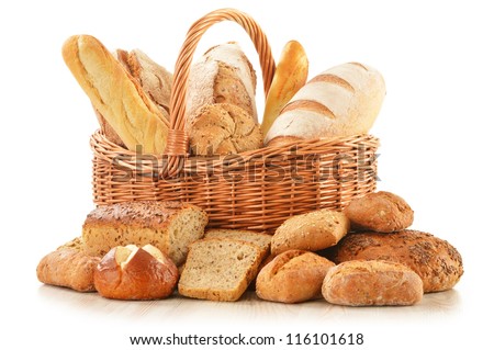 Composition with bread and rolls in wicker basket isolated on white Royalty-Free Stock Photo #116101618