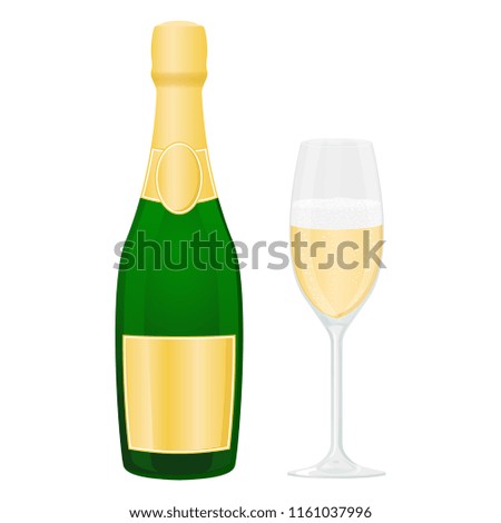 Bottle and glass of sparkling wine or champagne. Colored vector illustration isolated on white background