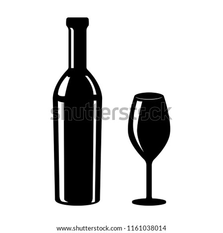 Glass and bottle of wine. Black silhouette. Vector illustration isolated on white background