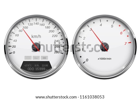 Speedometer and tachometer. White gauge with metal frame. Vector 3d illustration isolated on white background