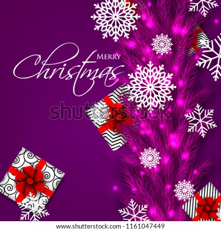 Merry Christmas Party invitation vector with fir pine wreath snowflake gift box red bow in purple violet ultraviolet