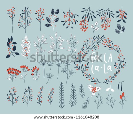 Big set of hand-drawn flowers, herbs, branches and betties in vector. Wreath, garland of flowers.