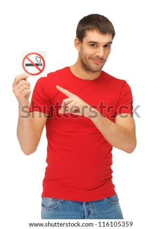 picture of serious man in red shirt with no smoking sign.