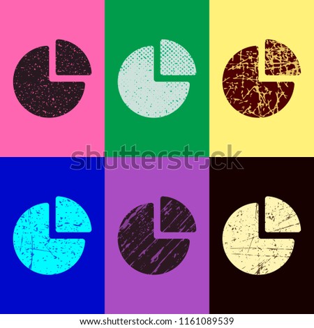 Business pie chart icon. Pop art style. Scratched icons on 6 colour backgrounds. Seamless pattern