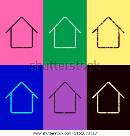Simple house icon. Pop art style. Scratched icons on 6 colour backgrounds. Seamless pattern