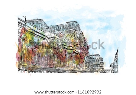 Jodhpur is a city of the northwest Indian state of Rajasthan. Its 15th-century Mehrangarh Fort is a former palace that is now a museum. Watercolor splash with Hand drawn sketch illustration in vector.