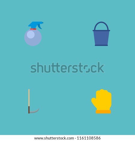 Set of gardening icons flat style symbols with scythe, gloves, pail and other icons for your web mobile app logo design.