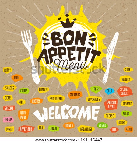 Bon appetit menu welcome, fork, knife, menu. Lettering, labels, logo, sketch style, craft, pasta, vegan, tea, coffee; desserts, yummy, soup, combo, salad, pastry. Hand drawn vector illustration.