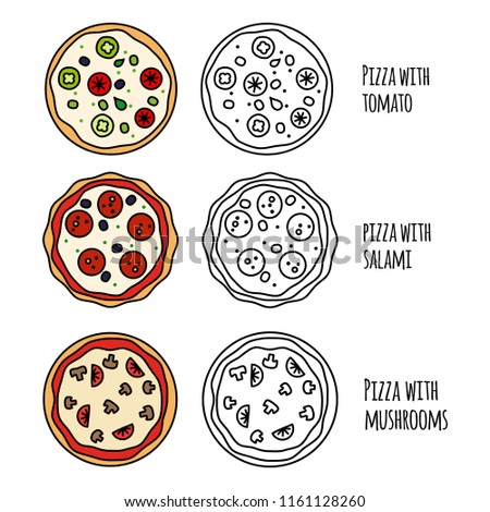 Pizza menu black and white and colorful icons vector collection