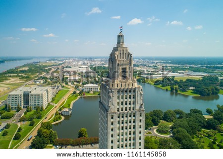 Aerial closeup of the Louisiana State Capitol Building and welcome center in Baton Rouge Royalty-Free Stock Photo #1161145858