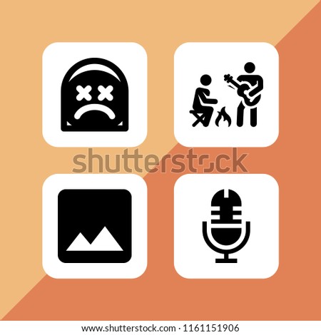 4 rock icons in vector set. guitar, microphone, dead and mountain range on black background illustration for web and graphic design