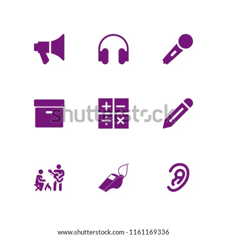 9 sound icons in vector set. whistle, music and multimedia, guitar and archive black box illustration for web and graphic design