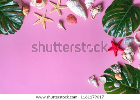 Different seashells with starfishes and monstera leafs on pastel violet background. Summer concept. Flat lay, top view, copy space. Panton color of 2018 year