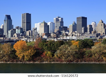 Montreal skyline in autumn, Saint Lawrence River