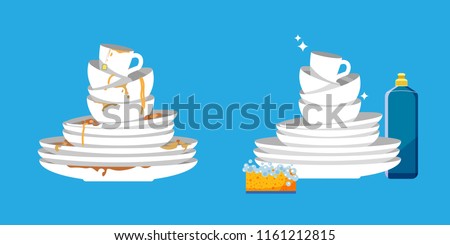 Set of clean and dirty dishes on blue background. White kitchen household cutlery before and after wash. Detergent label design template. Vector illustration. Royalty-Free Stock Photo #1161212815