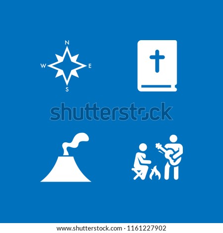 4 rock icons in vector set. guitar, cardinal points on winds star symbol, christ and volcano illustration for web and graphic design