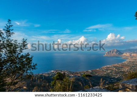 Beautiful panoramic view from Erice  at Mediterranean sea and Monte Cofano, 