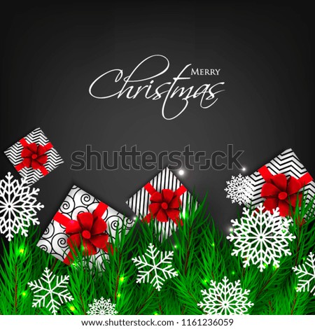 Merry Christmas Party invitation vector with fir pine wreath paper cut snowflake gift box red bow chalkboard light garland black background